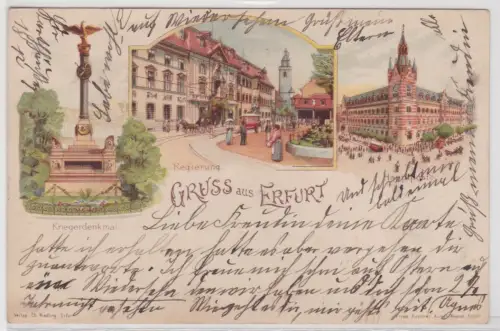 70919 Ak Lithographie Gruß aus Erfurt Regierung, Hauptpost, Kriegerdenkmal 1904