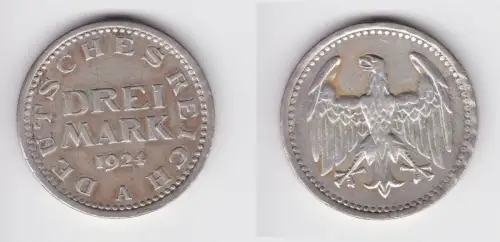 3 Mark Silbermünze Weimarer Republik 1924 A Jäger 312  ss/vz (156182)