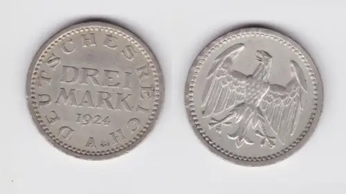 3 Mark Silbermünze Weimarer Republik 1924 A Jäger 312 ss+ (151386)