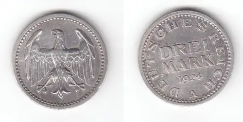 3 Mark Silbermünze Weimarer Republik 1924 A Jäger 312 f.vz (111005)
