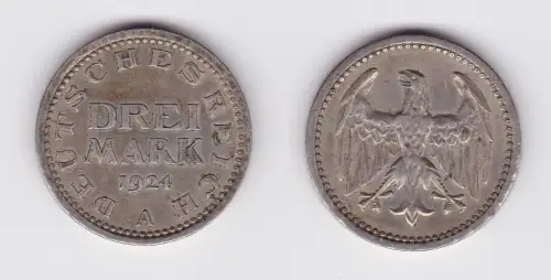 3 Mark Silbermünze Weimarer Republik 1924 A Jäger 312 ss+ (122966)