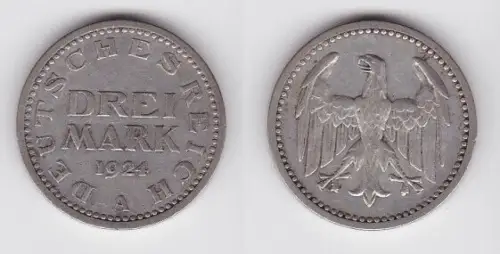 3 Mark Silbermünze Weimarer Republik 1924 A Jäger 312 f.vz (121848)