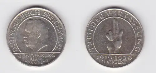 Silber Münze 3 Mark Verfassung "Schwurhand" 1929 J vz/Stgl. (131197)