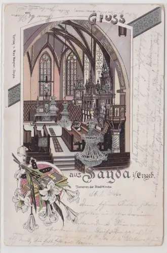 99900 Ak Lithographie Gruß aus Sayda im Erzgebirge Inneres der Stadtkirche 1902