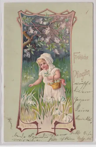 68464 Präge AK Fröhliche Pfingsten Mädchen pflückt Maiglöckchen 1907