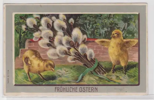 76851 Präge AK Fröhliche Ostern 2 Kücken mit Weidenkätzchenzweigen 1910
