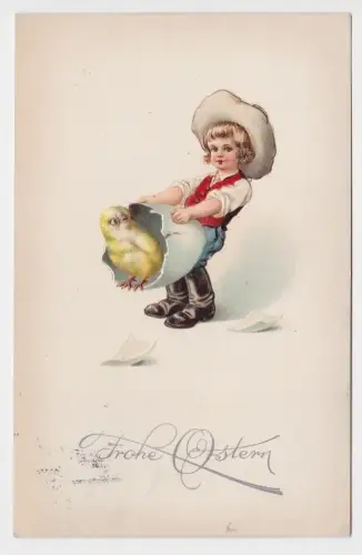 77346 Präge AK Frohe Ostern Kind mit aus dem Ei schlüpfendem Kücken 1898