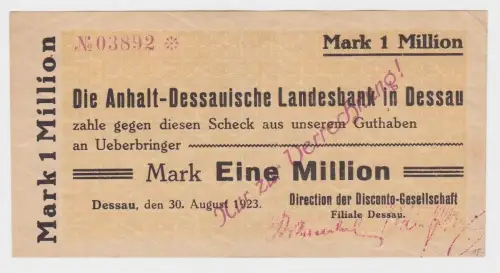 1 Million Mark Banknote Inflation Landesbank Dessau 30.8.1923 (151755)