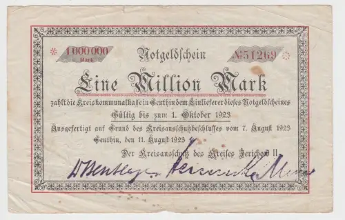 1 Million Mark Banknote Inflation Genthin Kreisausschuß Jerichow 2 1923 (151943)