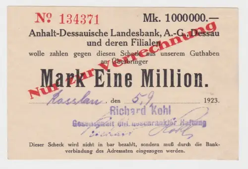 1 Million Mark Banknote Inflation Landesbank Dessau 5.9.1923 (151257)