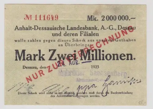 2 Millionen Mark Banknote Inflation Landesbank Dessau 24.8.1923 (150612)