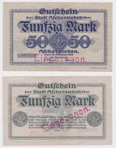 50 Mark Banknote Großnotgeld Stadt Aschersleben 15.10.1918 (152587)