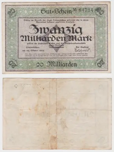 20 Milliarden Banknote Inflation Stadt Crimmitschau 25.10.1923 (130735)