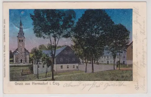 69766 Lunakarte AK Gruss aus Hermsdorf im Erzgebirge - Ortsansicht mit Kirche 