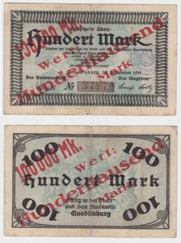 Banknote Inflation Kreisausschuß Quedlinburg 100000 Mark 1923 (132245)