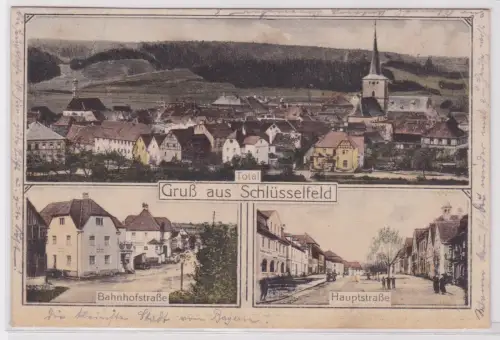 900964 AK Gruß aus Schlüsselfeld - Bahnhofstraße, Hauptstraße, Total 1921