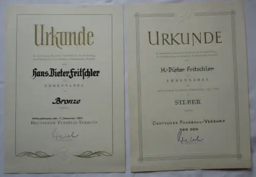 Urkunde Deutscher Fußball-Verband Ehrennadel in Bronze und Silber DTSB (115047)