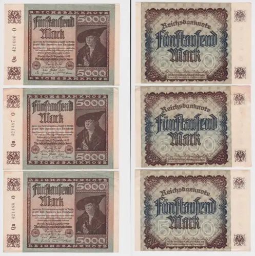 3x 5000 Mark Inflation Banknote 2.Dezember 1922 Ro.80 a fast UNC (156608)