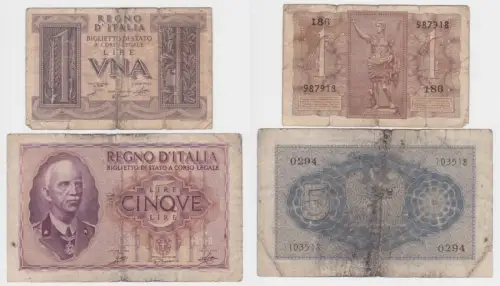  1 und 5 Lire Banknoten Italien 1940 Pick 26 und 28 (156487)