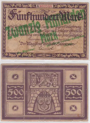 20 Milliarden Mark Banknote Stadt Hannover 1923 auf 500 Mark 14.9.1922 (157080)