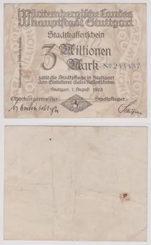 3 Millionen Mark Banknote Inflation Landeshauptstadt Stuttgart 1.8.1923 (156548)