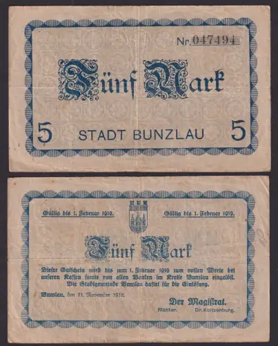 5 Mark Banknote Notgeld Stadt Bunzlau 11.11.1918 (119105)