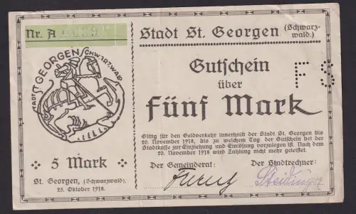 5 Mark Banknote Notgeld Stadt St. Georgen Schwarzwald 1918 (110365)