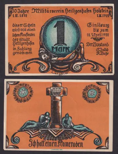 1 Mark Banknote Notgeld 50 Jahre Militärverein Heiligenhafen 1922 (107315)