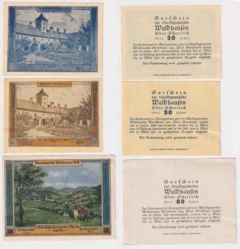 3 Banknoten Notgeld Marktgemeinde Waldhausen  20, 50 & 80 Heller 1920 (168741)