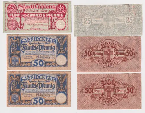 3 Banknoten Notgeld Stadt Coblenz 25 & m2 x 50 Pfennig 1919/1920 (159833)