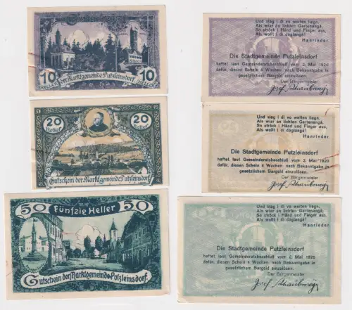 3 Banknoten Notgeld Marktgemeinde Putzleinsdorf 10, 20 & 50 Heller 1920 (154675)