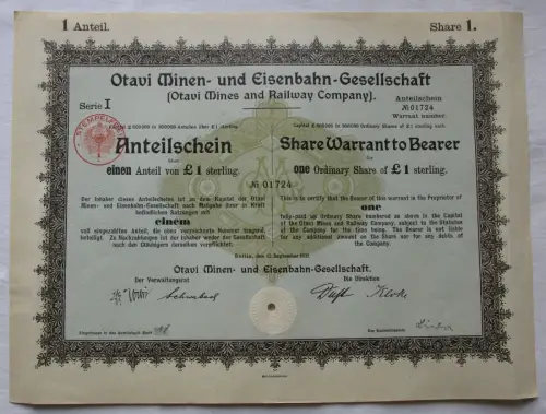 1 Pfund Aktie Otavi Minen-& Eisenbahn-Gesellschaft Berlin 12.9.1921 (156677)