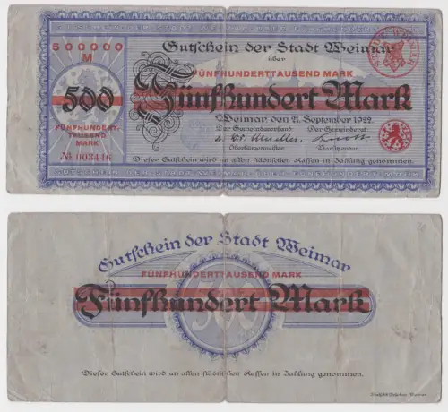 500000 Mark Banknote Stadt Weimar Überdruck auf 500 Mark 21.9.1922 (158111)
