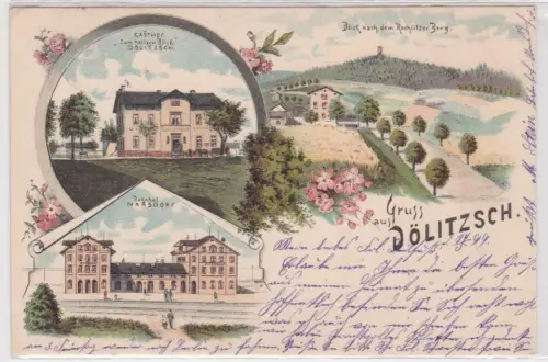 49095 Ak Lithographie Gruß aus Dölitzsch Gasthof, Bahnhof Narsdorf 1899