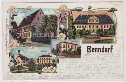 49262 Ak Lithographie Benndorf Gasthof, Schloß, Kirche, Schule 1908
