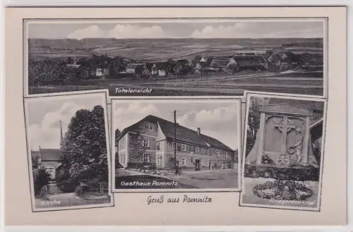 25989 Mehrbild Ak Gruß aus Pomnitz Totale Gasthaus Kriegerdenkmal Kirche um 1940
