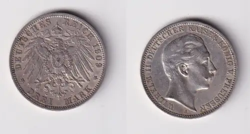 3 Mark Silbermünze Preussen Kaiser Wilhelm II 1909 A Jäger 103 ss (126948)