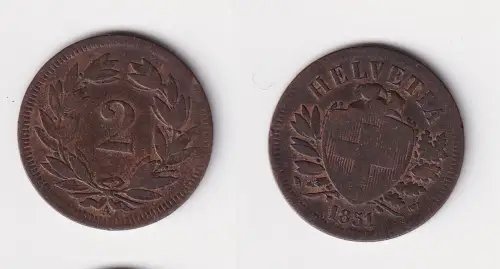 2 Rappen Kupfer Münze Schweiz 1851 A f.ss (115206)