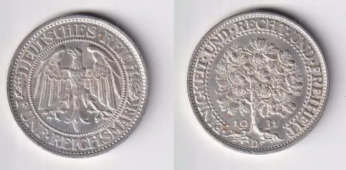 5 Mark Silber Münze Weimarer Republik Eichbaum 1931 D ss+ (139486)