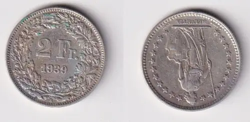 2 Franken Silber Münze Schweiz 1939 ss (149063)