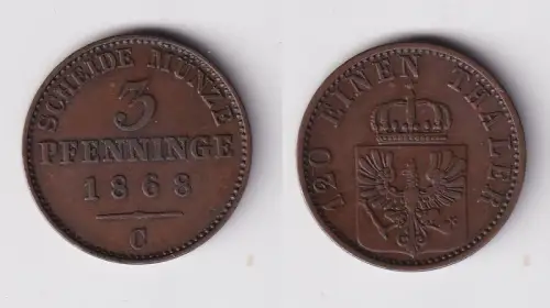 3 Pfennig Bronze Münze Preussen 1868 C ss+ (120311)