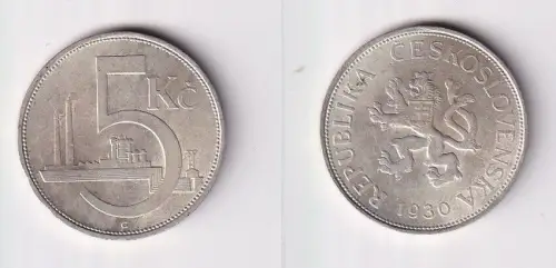5 Kronen Silber Münze Tschechoslowakei 1930 ss+ (135203)