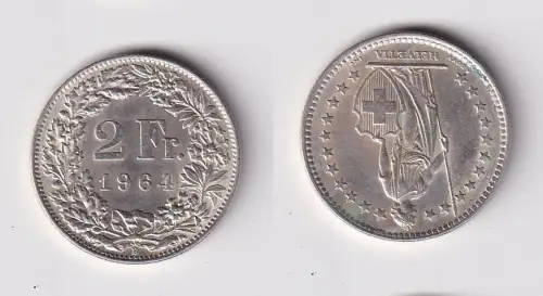 2 Franken Silber Münze Schweiz 1964 B vz/Stgl. (140284)
