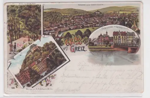 907502 AK Gruss aus Greiz - Elsterbrücke & Grimm's Local, Schloss, Allee 1900