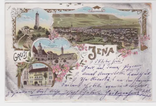 81753 AK Gruss aus Jena - Fuchsturm, Marktplatz, Bismarckbrunnen, Zur Rose 1900