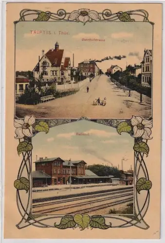 55667 Ak Triptis in Thüringen Bahnhof unf Bahnhofstrasse 1916
