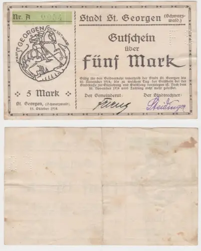 5 Mark Banknote Notgeld Stadt St.Georgen im Schwarzwald 20.11.1918 (149418)