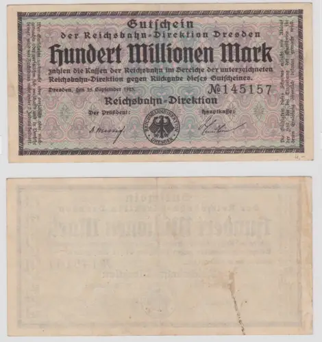 100 Millionen Mark Banknote Dresden Reichsbahndirektion 25.09.1923 (142827)