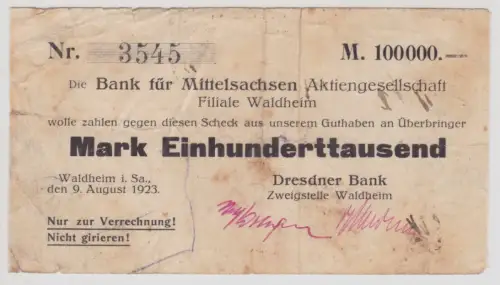 100000 Mark Banknote Inflation Dresdner Bank Waldheim 9.8.1923 (142148)