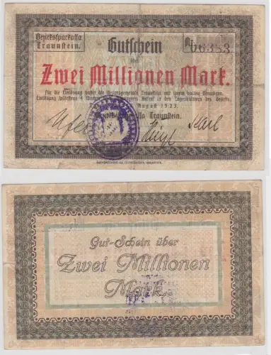 2 Millionen Mark Banknote Inflation Bezirkssparkasse Traunstein 1923 (141553)
